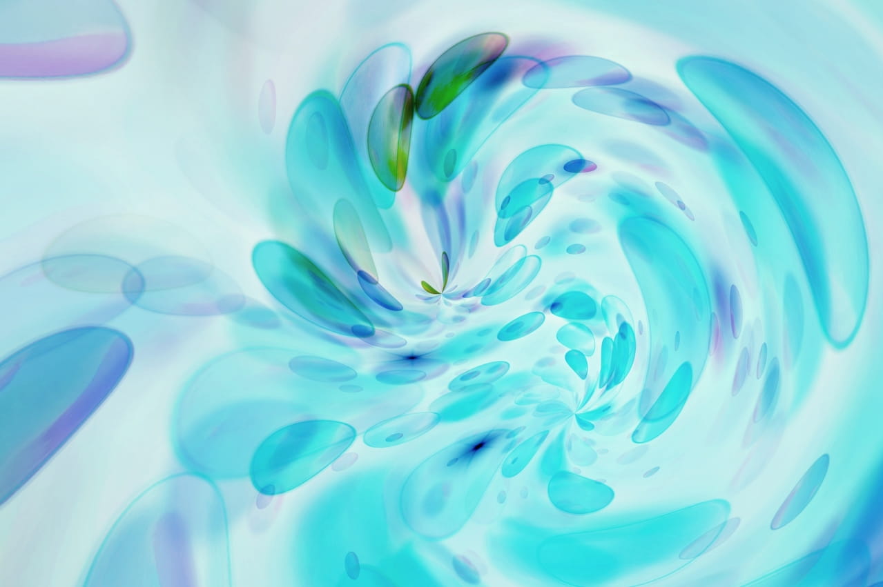 水色のたくさんの丸が渦巻く画像